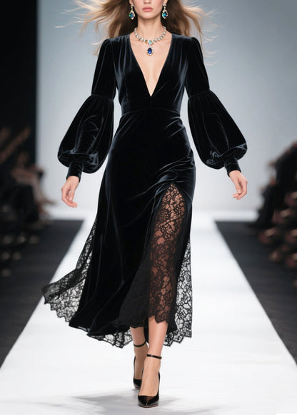 French Black V Neck Patchwork Hollow Out Silk Velvet Dress Spring