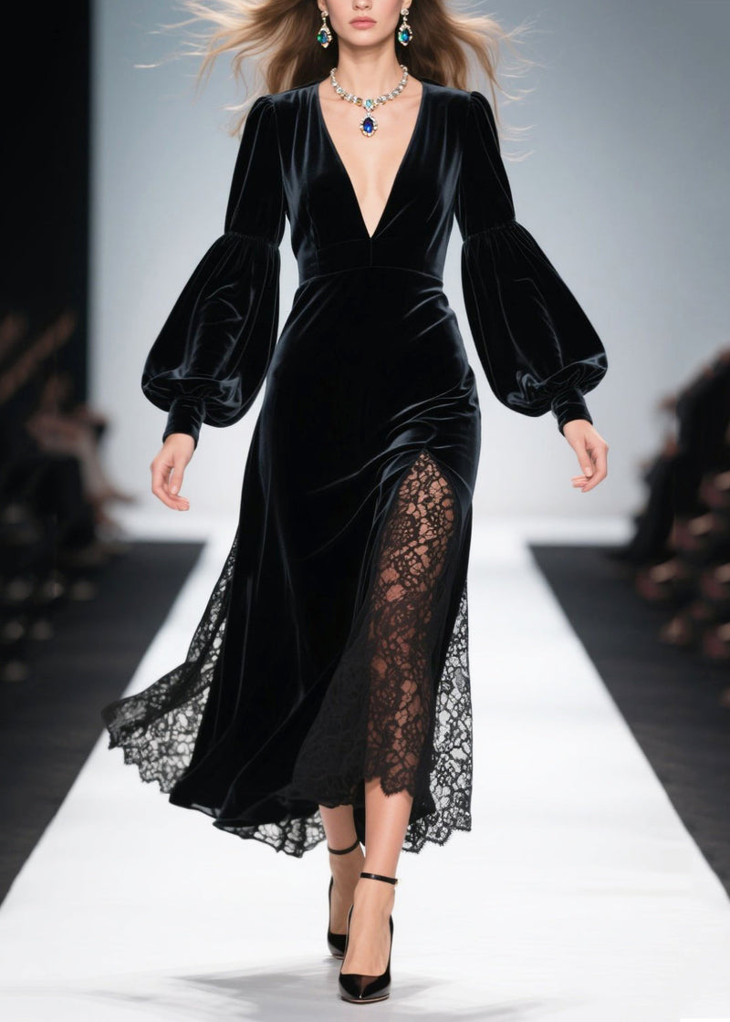 French Black V Neck Patchwork Hollow Out Silk Velvet Dress Spring