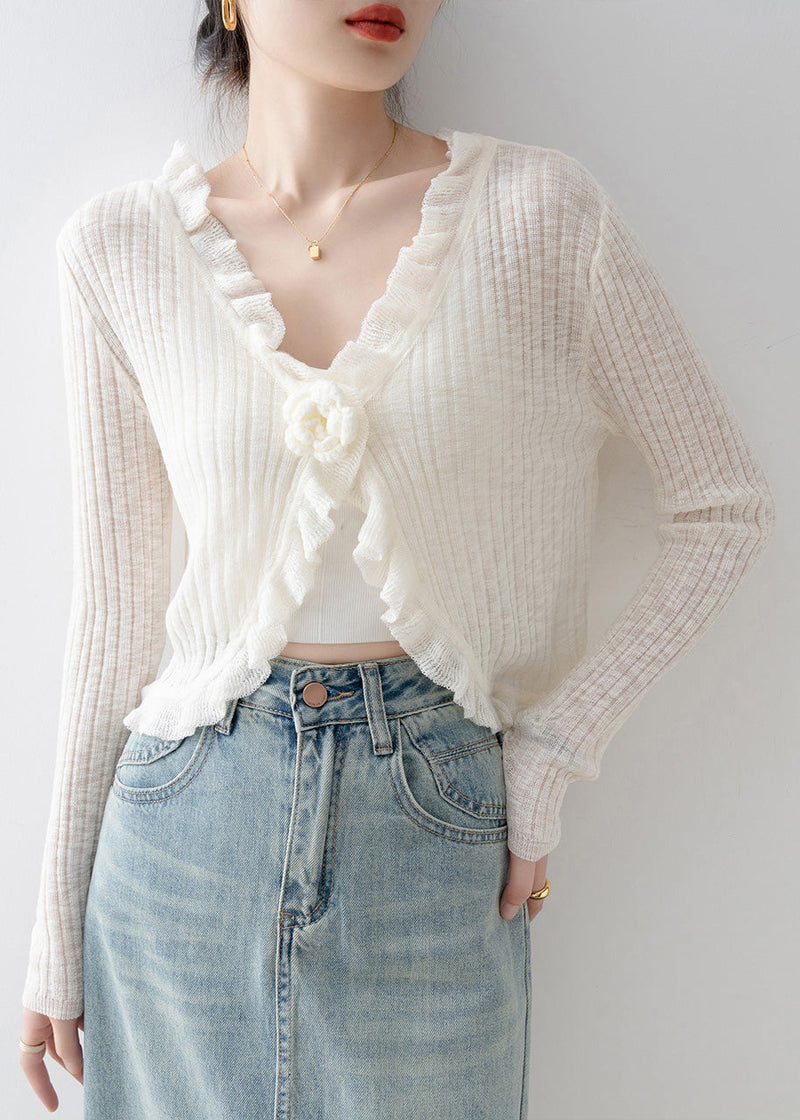 French Black V Neck Ruffled Knit Cardigan Spring
