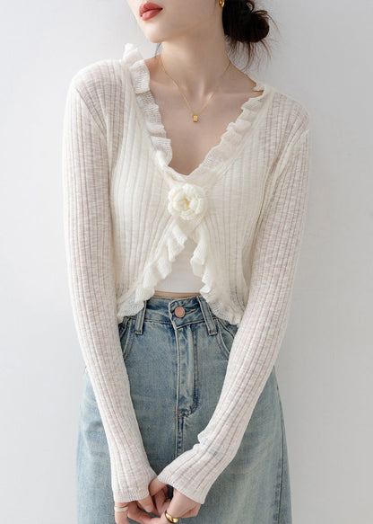 French Black V Neck Ruffled Knit Cardigan Spring