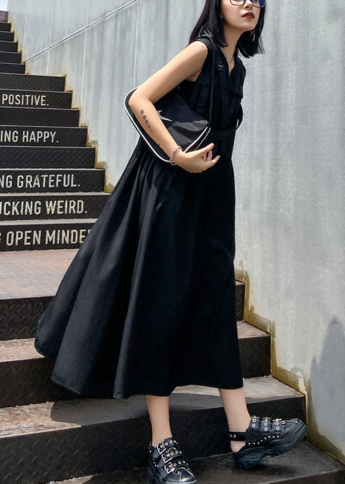 French Black V Neck Wrinkled Dress Sleeveless
