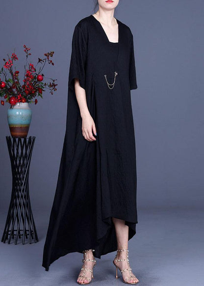 French Black V Neck Asymmetrical Design Dresses Summer