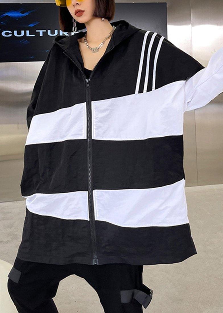 French Black White Cotton Cinched Zippered Hoodies Outwear Spring