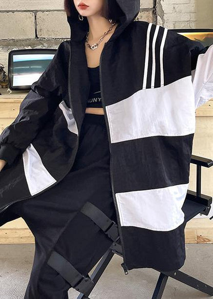 French Black White Cotton Cinched Zippered Hoodies Outwear Spring