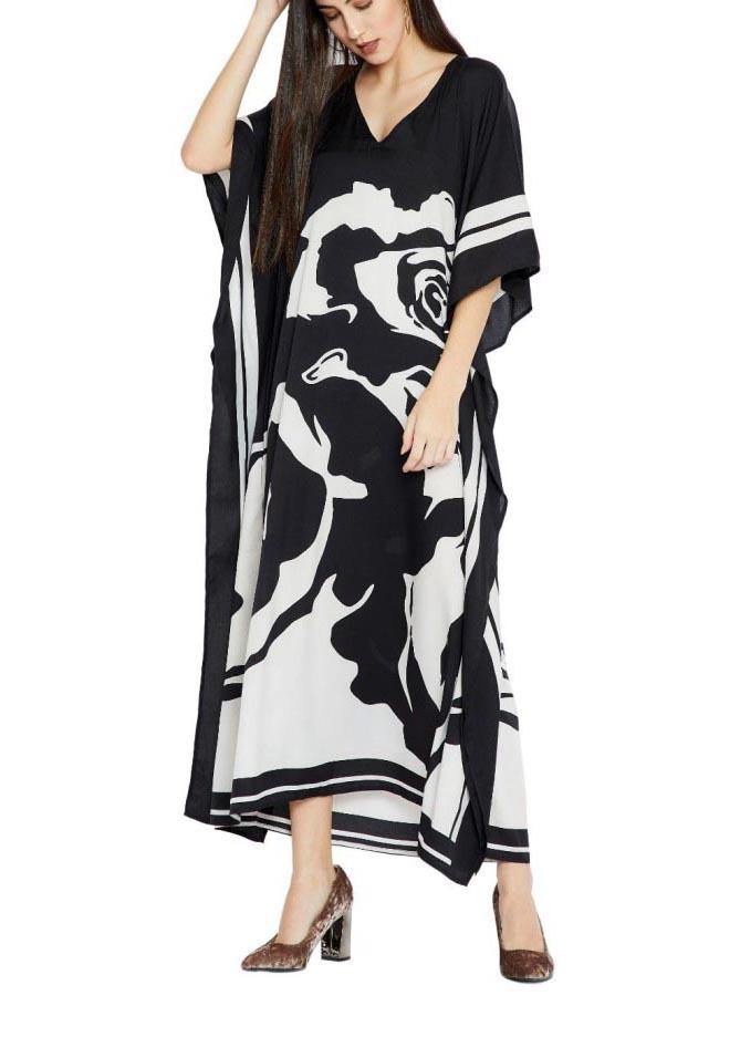 French Black White Half Sleeve Kimono Robe Mid Chiffon Dress