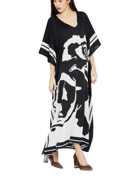 French Black White Half Sleeve Kimono Robe Mid Chiffon Dress