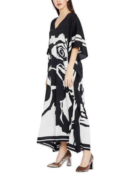 French Black White Half Sleeve Kimono Robe Mid Chiffon Dress