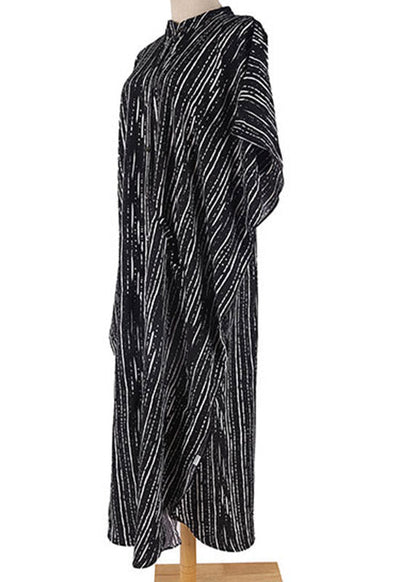 French Black White Striped O-neck Button Side Open Maxi Beach Dresses Short Sleeve