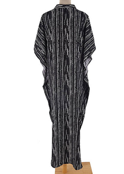 French Black White Striped O-neck Button Side Open Maxi Beach Dresses Short Sleeve