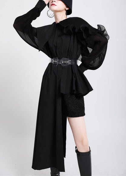 French Black tie waist Long sleeve Chiffon Shirt Tops