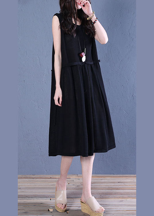 French Black Wrinkled Patchwork Linen Holiday Dress Sleeveless