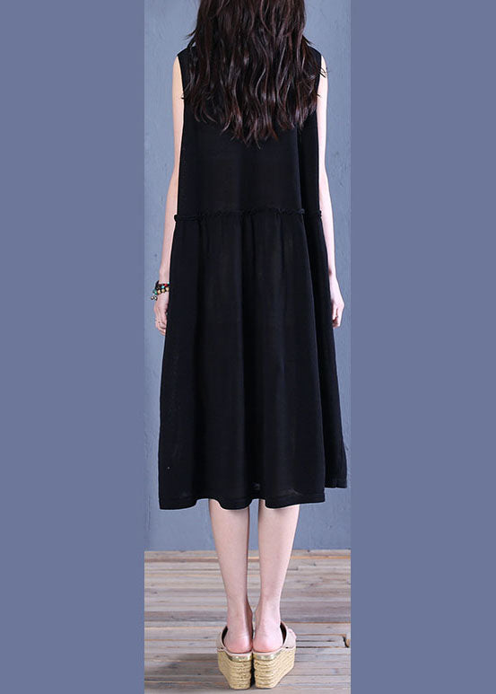 French Black Wrinkled Patchwork Linen Holiday Dress Sleeveless