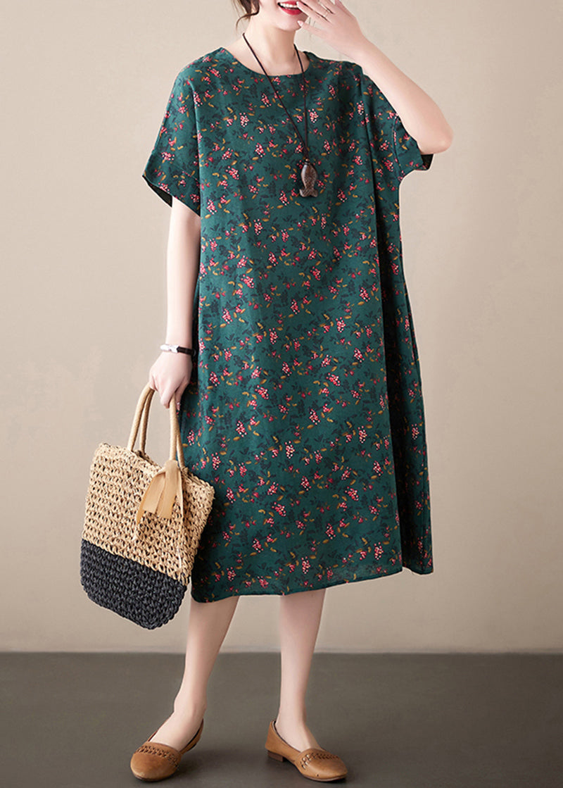 French Blackish Green O-neck Print Linen Dresses Summer