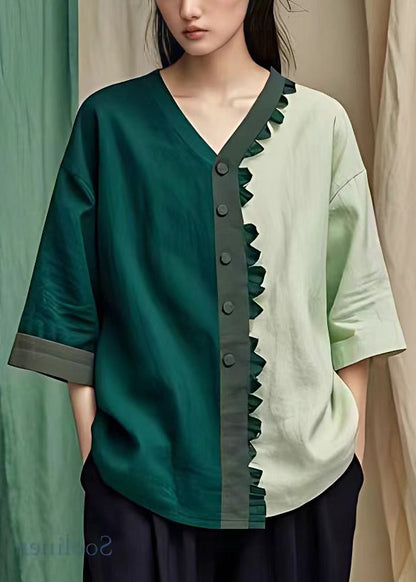 French Blackish Green V Neck Button Patchwork Cotton Top Bracelet Sleeve