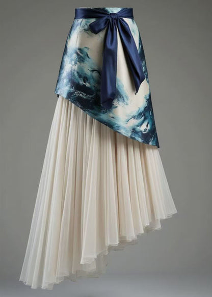 French Blue Asymmetrical Lace Up Tulle Patchwork Skirts Summer
