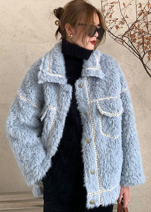 French Blue Button Faux Fur Winter Coat