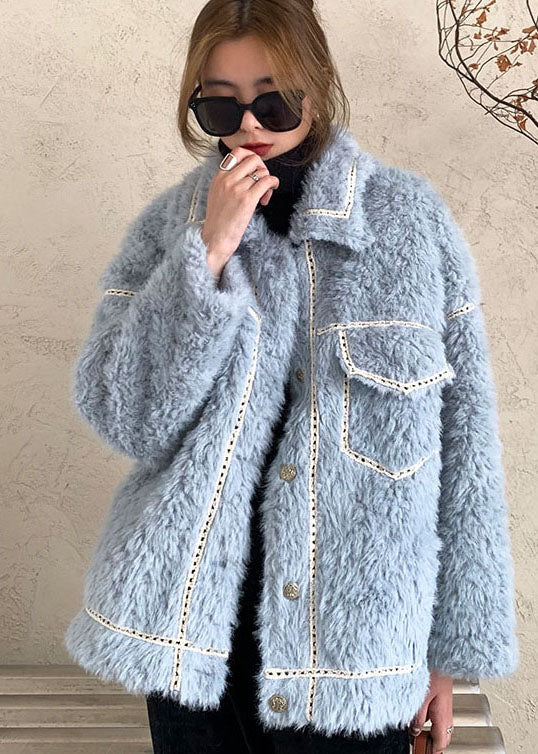 French Blue Button Faux Fur Winter Coat