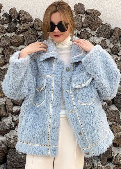 French Blue Button Faux Fur Winter Coat