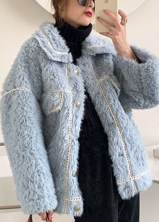 French Blue Button Faux Fur Winter Coat