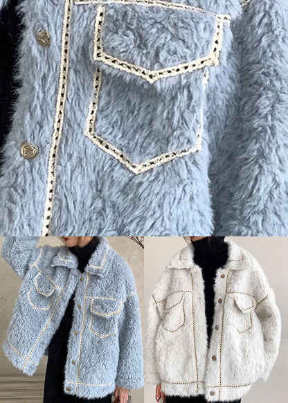 French Blue Button Faux Fur Winter Coat