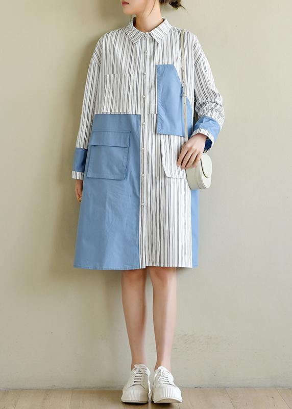 French Blue Cotton Dress Striped Patchwork Dress