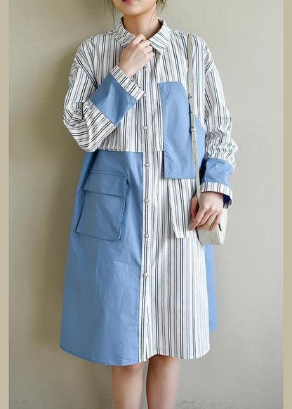 French Blue Cotton Dress Striped Patchwork Dress
