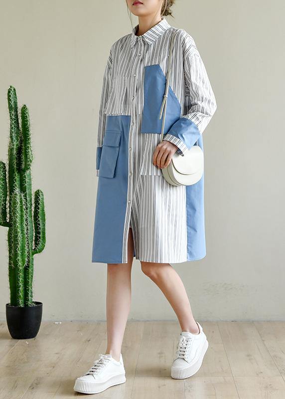 French Blue Cotton Dress Striped Patchwork Dress