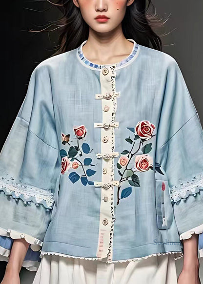 French Blue Hollow Out Button Coats Fall