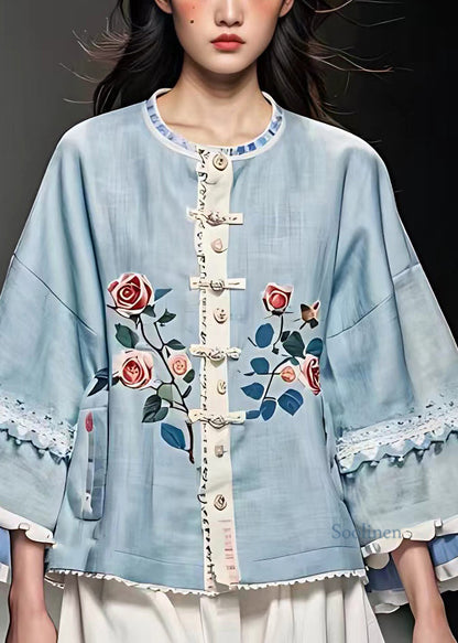 French Blue Hollow Out Button Coats Fall