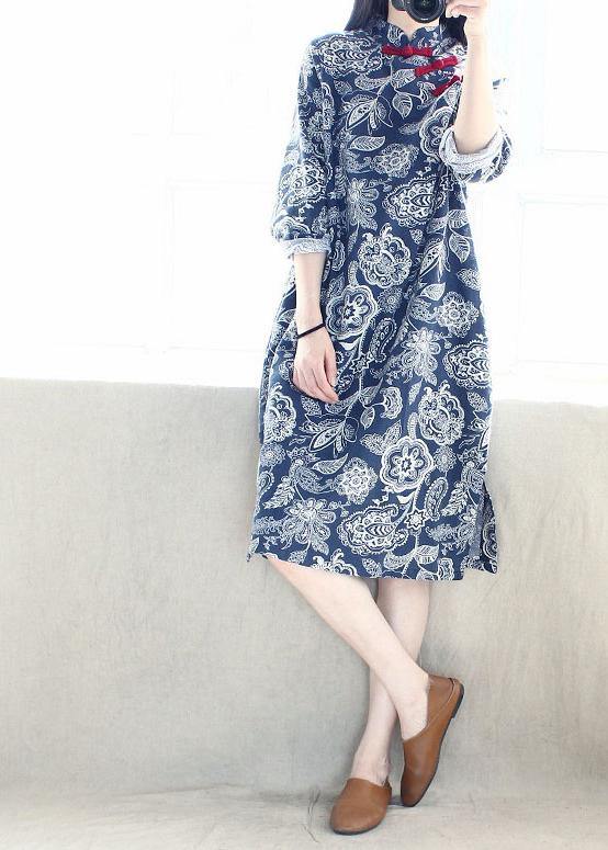 French Blue Folk Style Quilting Dresses Stand Collar Side Open Maxi Dresses