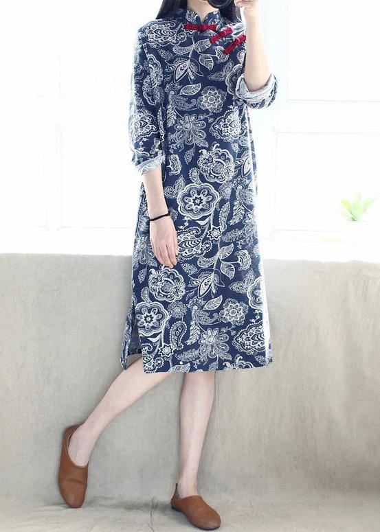 French Blue Folk Style Quilting Dresses Stand Collar Side Open Maxi Dresses