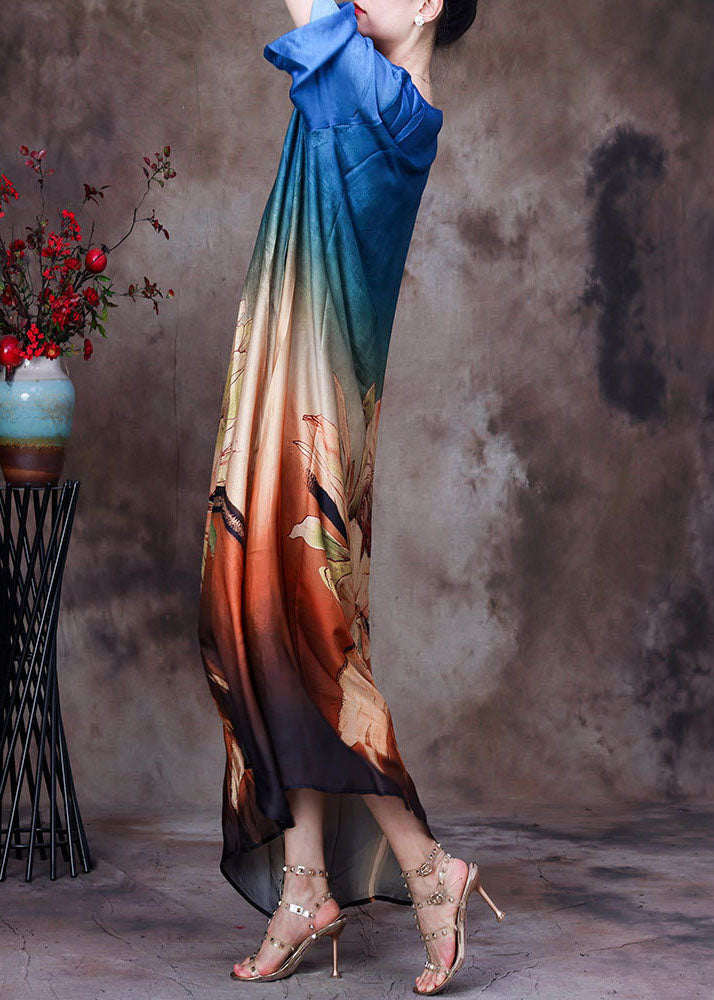 French Blue Gradient Color O-neck Print Layered Silk Vacation Dress Half Sleeve