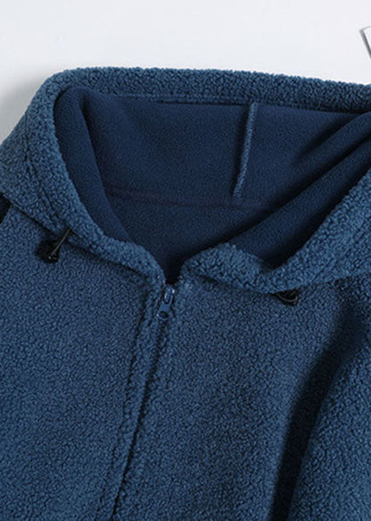 French Blue Hooded Drawstring Faux Fur Jackets Winter