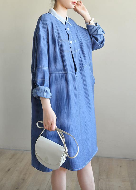 French Blue Long Sleeve Patchwork Button Dress Spring