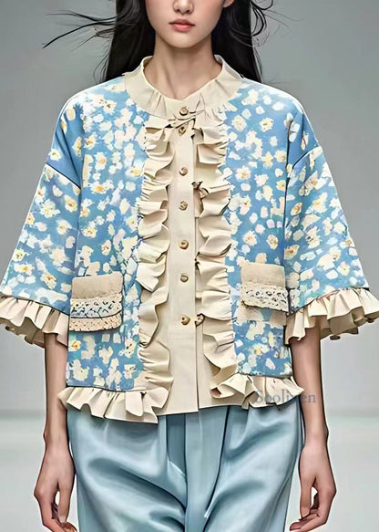 French Blue O-nec Print Ruffled Shirt Tops Summer