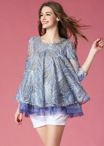 French Blue O-neck Embroideried Hollow Out Tulle a Line Tops Spring