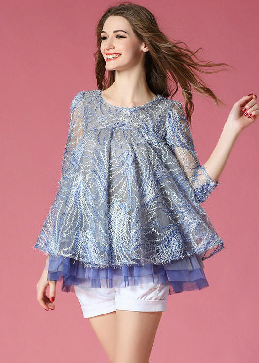 French Blue O-neck Embroideried Hollow Out Tulle a Line Tops Spring