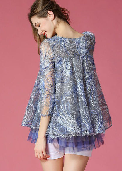 French Blue O-neck Embroideried Hollow Out Tulle a Line Tops Spring