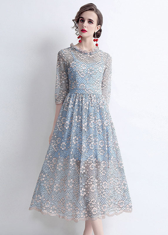 French Blue O-neck Hollow Out Lace Cinch Dresses Half Sleeve