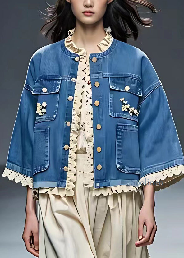 French Blue O-neck Patchwork Hollow Out Coats Fall