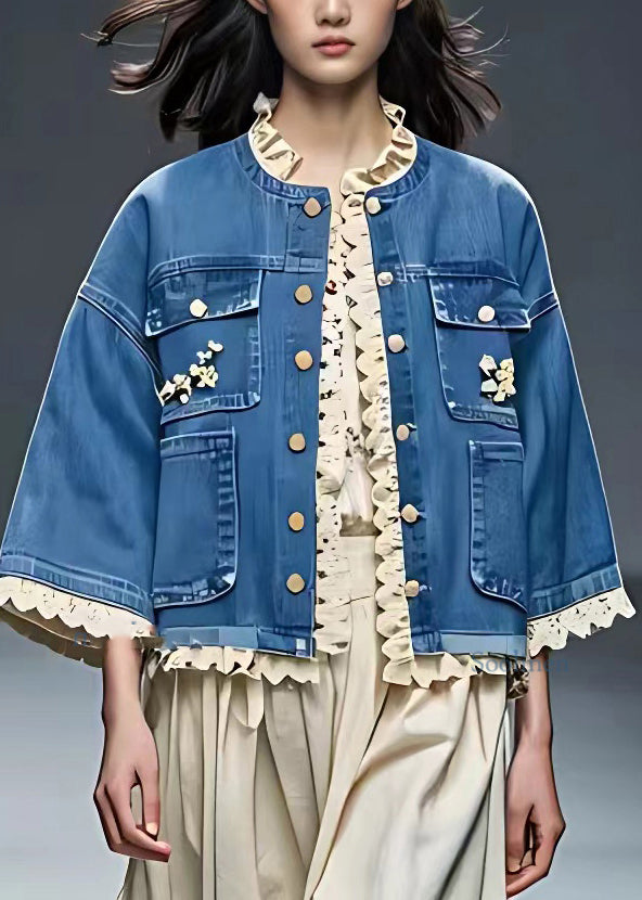 French Blue O-neck Patchwork Hollow Out Coats Fall