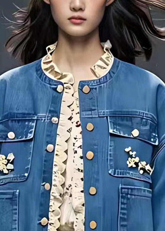 French Blue O-neck Patchwork Hollow Out Coats Fall