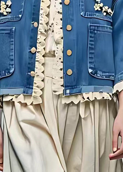 French Blue O-neck Patchwork Hollow Out Coats Fall