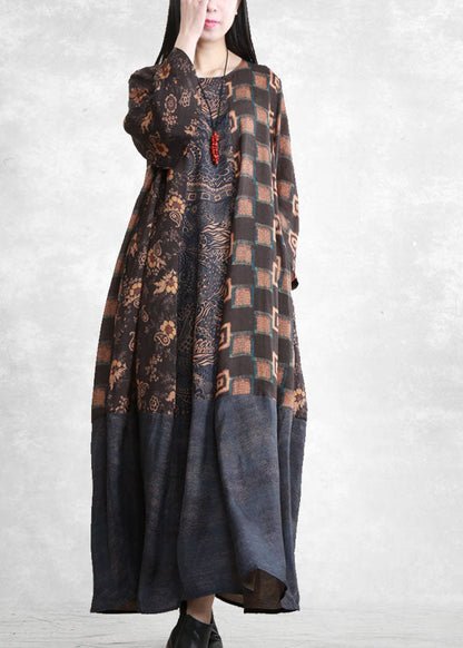 French Blue O-neck Pockets Patchwork Long Dresses Long Sleeve