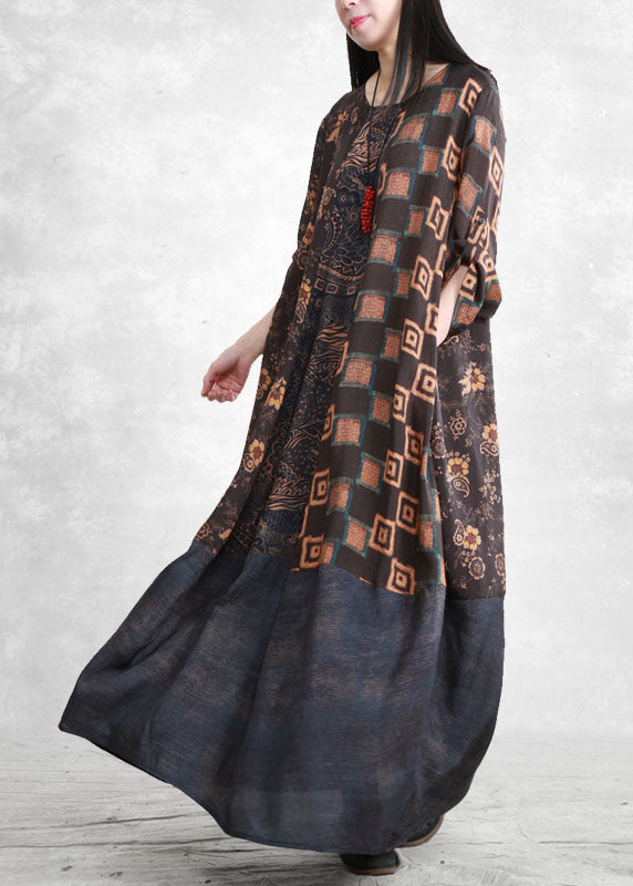 French Blue O-neck Pockets Patchwork Long Dresses Long Sleeve
