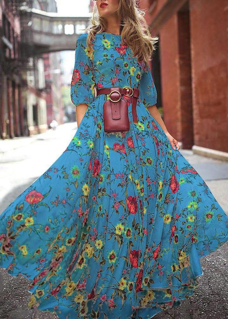 French Blue O-neck Print Chiffon Long Dresses Half Sleeve