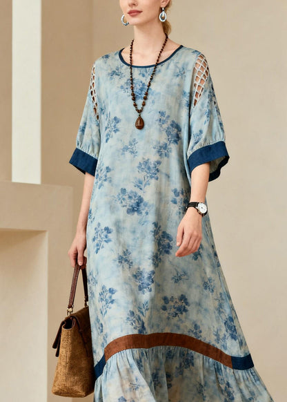 French Blue O Neck Print Hollow Out Cotton Maxi Dresses Summer