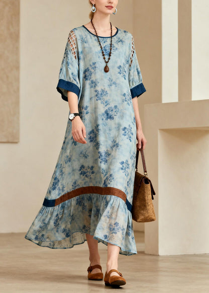 French Blue O Neck Print Hollow Out Cotton Maxi Dresses Summer