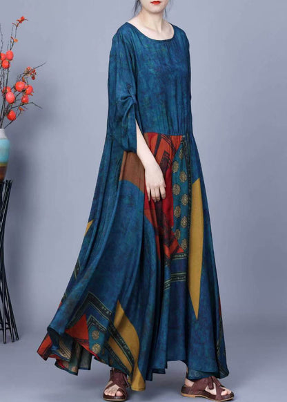 French Blue O Neck Print Patchwork Silk Maxi Dresses Spring