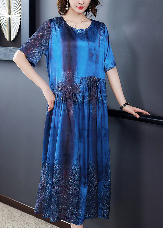 French Blue O-neck Wrinkled Silk Holiday Dress Short Sleeve